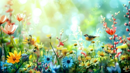 spring illustrations full of happiness and joy with beautiful flowers, trees and natural scenery, playing kites, close ups of birds and parrot, rabbits, butterflies and other creature