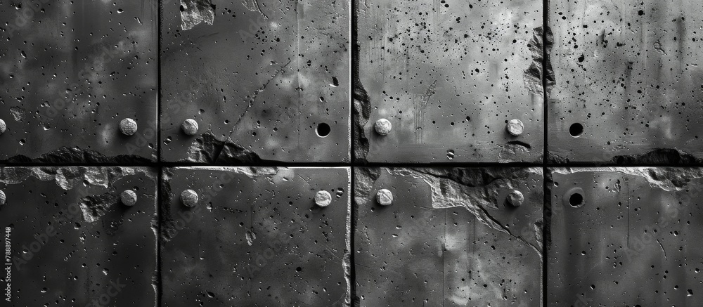 Detailed view of a metallic surface showing rivets and various holes scattered across the metal material, giving an industrial look