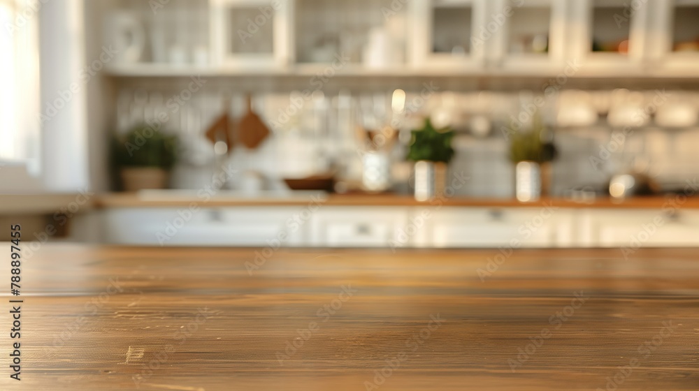 Modern Kitchen with Sunlit Wooden Table Top for Product Display and Cozy Contemporary Home Interior Design Featuring Bright and Airy Natural Wood Elements Modern Kitchen with Sunlit Wooden Table Top for Product Display and Cozy Contemporary Home Interior Design Featuring Bright and Airy Natural Wood Elements