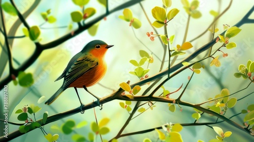 spring illustrations full of happiness and joy with beautiful flowers, trees and natural scenery, playing kites, close ups of birds and parrot, rabbits, butterflies and other creature