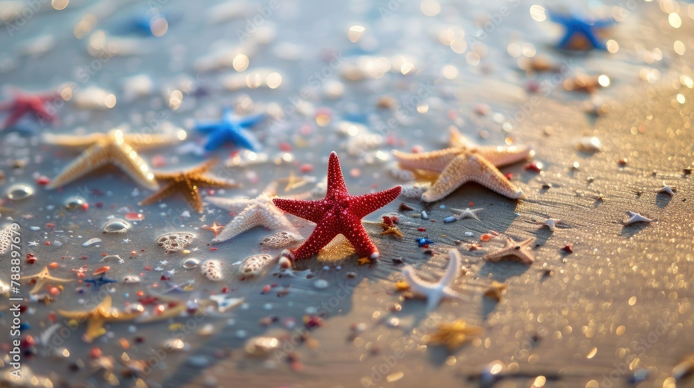 Celebrate American holidays with a scenic backdrop of starfish and colorful stars scattered on the sandy beach Celebrate American holidays with a scenic backdrop of starfish and colorful stars scattered on the sandy beach