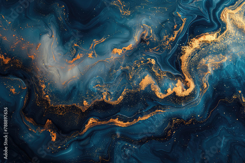A digital art wallpaper of swirling marble patterns in deep blue and gold, with fluid textures that suggest the ocean's depths. Created with Ai