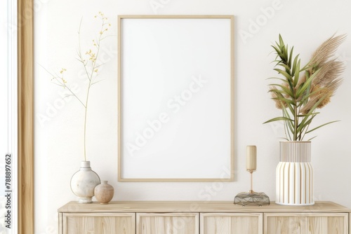Scandinavian style living room with poster mockup created with generative ai