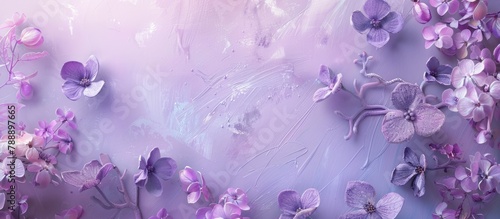 Abstract floral background featuring purple flowers on pastel hues with a soft aesthetic suitable for spring or summer. Banner backdrop with space for text. © Vusal