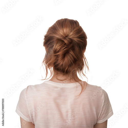 Back view of a woman with brown hair, cut out transparent