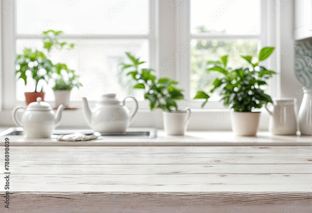 Blurred kitchen window interior as a tabletop background Blurred kitchen window interior as a tabletop background
