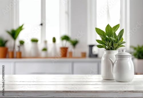 Blurred kitchen window interior as a tabletop background