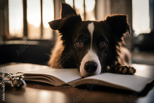 Ate Dog Homework My humor homework cute blue background schoolwork animal canino eating bad rottweiler pet puppy shredded copy space paper silly ripped photo