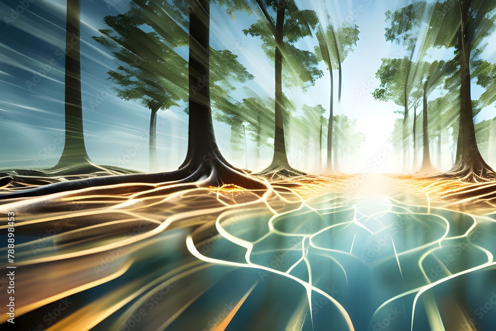 A serene forest with tall trees and a gentle stream flowing through it ...