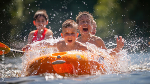 Children enjoying water activities at a summer camp lake © Veniamin Kraskov