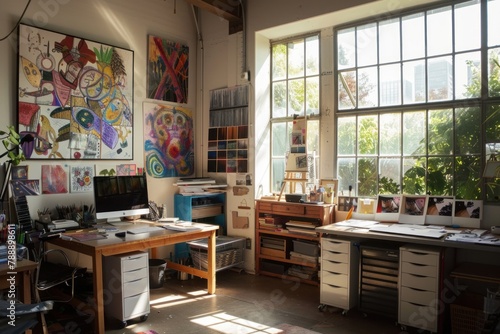 A creative studio bathed in soft morning light, with artists and designers beginning their day's work on colorful sketches and digital projects, Generative AI