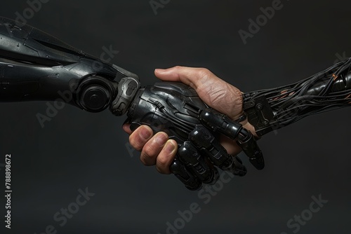 The man and robot make a handshake gesture, with liquid dripping from each hand