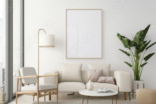 Scandinavian style living room with poster mockup created with generative ai