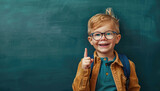 A cute little boy wearing glasses and carrying schoolbag is standing in front of the blackboard, smiling with his finger pointing at it