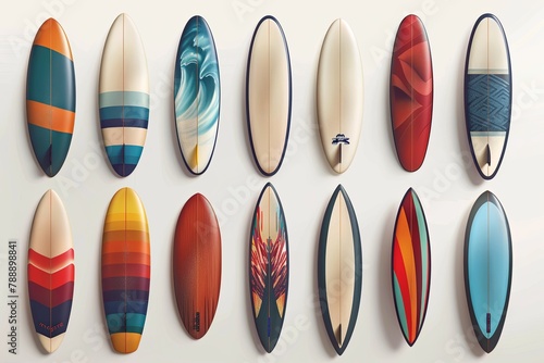 a series of illustrated surf board icon images on a white background 