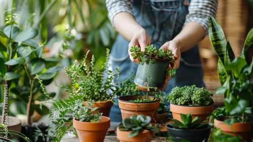 A serene morning routine involving the care of various houseplants, the person moving from one to another, ensuring each plant receives its needed attention.