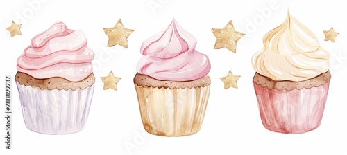 Three cupcakes topped with pink frosting and gold stars on a white background