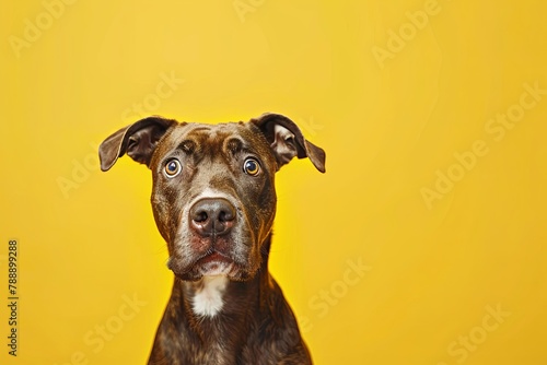 Fawn Dog, from Sporting Group, sitting on yellow background, looking at camera