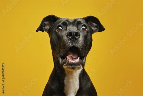 Black and white dog sitting on yellow background, gazing up at camera © Mari