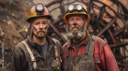 A father and son both dressed in mining gear stand side by side in front of a large mining structure. The fathers weathered face and calloused hands tell the story of a lifetime spent . photo