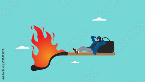 work procrastination, businessman sleeping on a burning matchstick, risk of delaying work, deadline concept