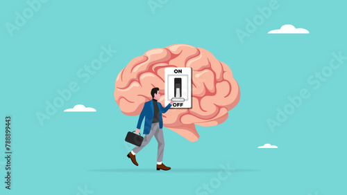 Turning off brain to relieve stress or problems, relaxation to relieve anxiety from your brain, Reduce stress concept, stress management, businessman turning off the switch in the human brain concept