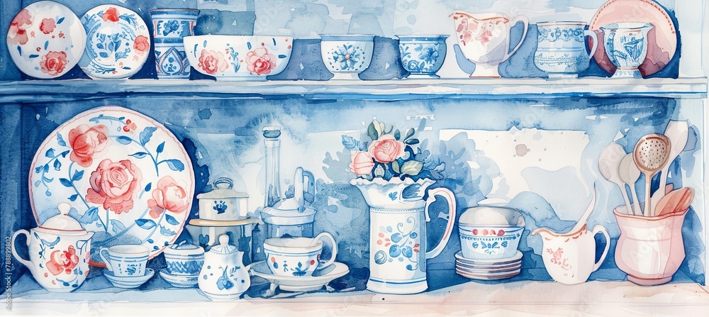 An electric blue shelf holding ceramic art and liquidfilled pitchers and cups
