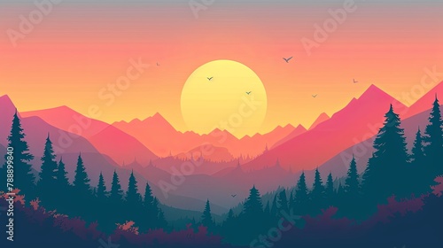 a painting of a sunset over a mountain range with trees in the foreground