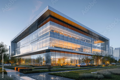A modern office building in the style of architecture with glass windows and steel frames, situated on an open field surrounded by trees, captured from an eye-level perspective. Created with Ai
