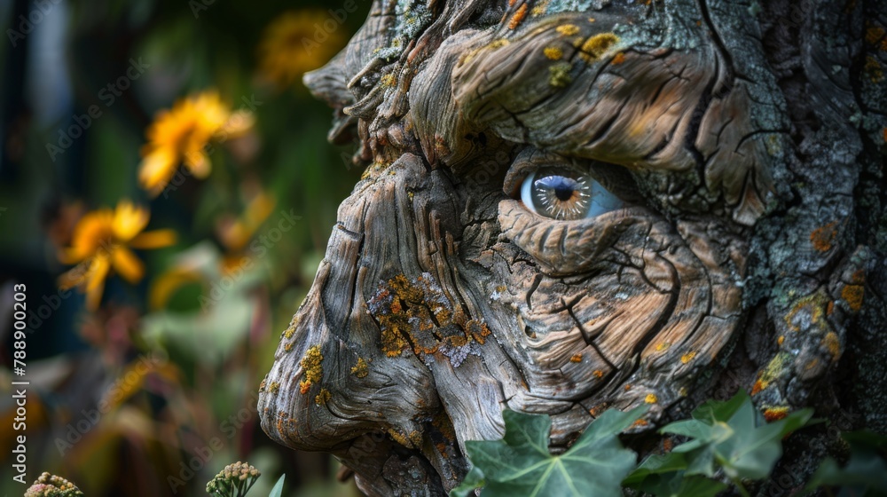 Photo of a tree trunk with an eye-shaped mark on it, set in the garden Photo of a tree trunk with an eye-shaped mark on it, set in the garden