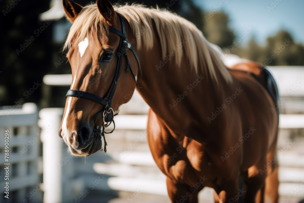 Obraz premium horse background white close Bay farm portrait eye half equestrian trotter beautiful bridle nature head purebred chestnut equine outdoors
