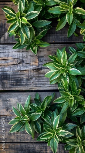 A lush rosemary plant growing in the garden  with its distinctive green leaves and silver tones  set against an outdoor backdrop of wooden walls  captured from above by Iphone camera. 