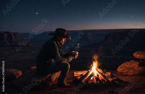 Cowboy sitting on a campfire drinking coffee