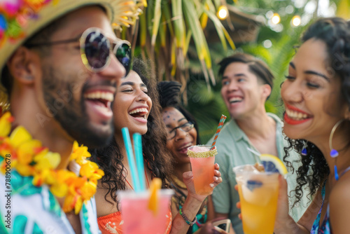 Happy faces enjoying a tropical-themed summer party