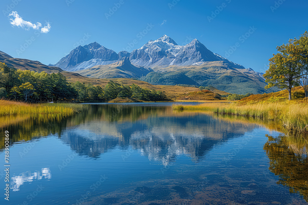 A stunning landscape photograph of the Alps shows snowcapped mountains in autumn, reflecting on perfectly still water surrounded by lush greenery and golden grass under a clear blue skyCreated with Ai