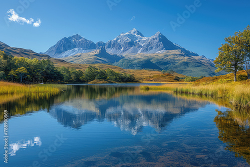 A stunning landscape photograph of the Alps shows snowcapped mountains in autumn  reflecting on perfectly still water surrounded by lush greenery and golden grass under a clear blue skyCreated with Ai