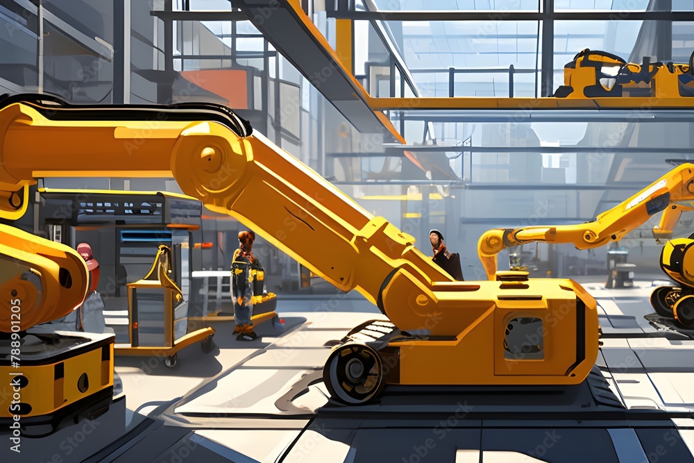Robots and people working together on a busy factory floor, showcasing the integration of AGVs and robotic arms in transportation task. Robots and people working together on a busy factory floor, showcasing the integration of AGVs and robotic arms in transportation task.