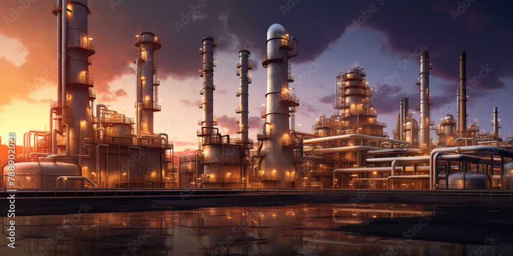 Industrial Twilight: Petrochemical Plant with Neon Lights