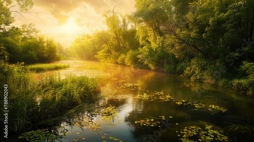 A tranquil scene of nature bathed in the golden light of the summer solstice