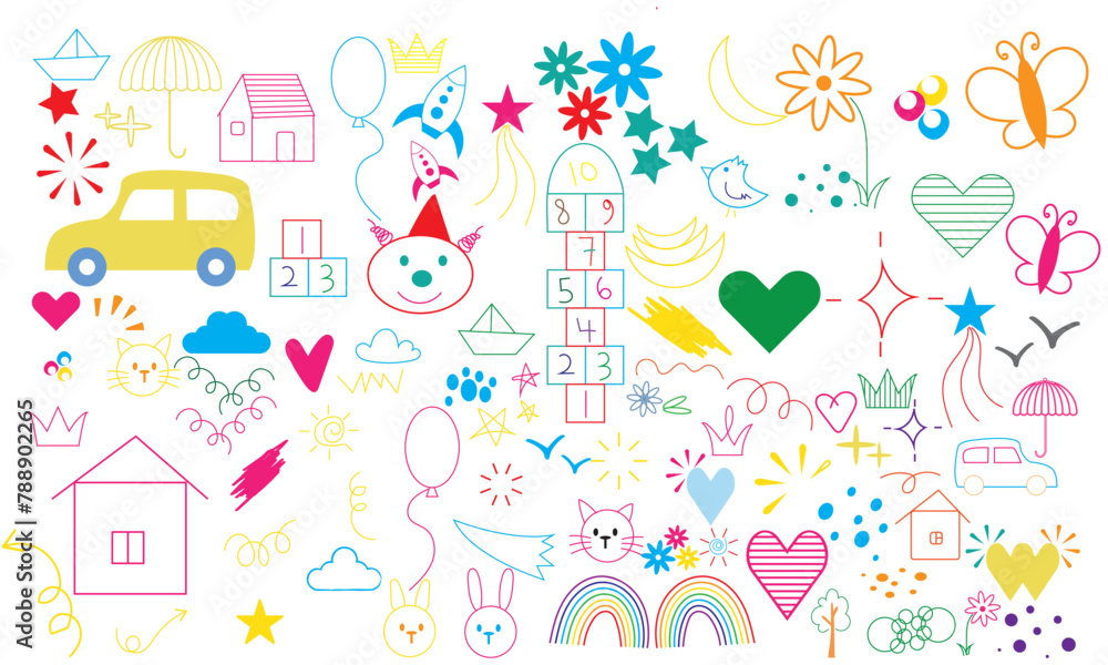 Children school, kindergarten vector doodle set. Cute daycare hand drawn flower, toy, animal elements. Childish cute preschool activity, education doodle background. Childish cute preschool activity, Children school, kindergarten vector doodle set. Cute daycare hand drawn flower, toy, animal elements. Childish cute preschool activity, education doodle background. Childish cute preschool activity,