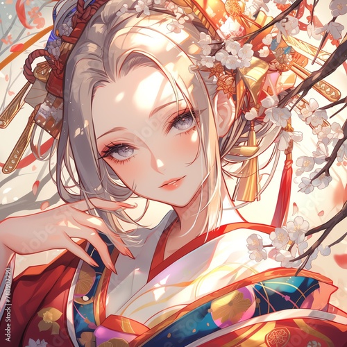 An anime girl in a traditional kimono with a serene expression