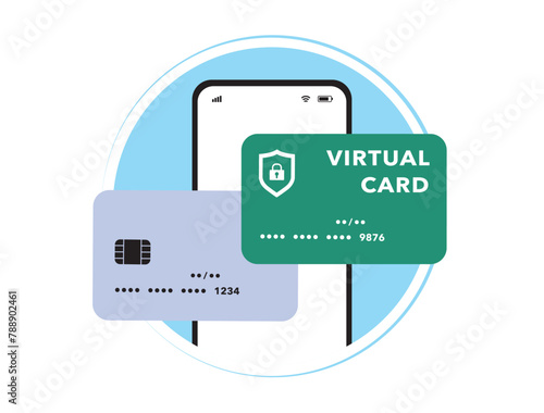 Virtual debit card - secure payments online and abroad. Instantly generated 16-digit card numbers for safe transactions, protecting financial. Temporary or anonymous card number. Isolated vector icon