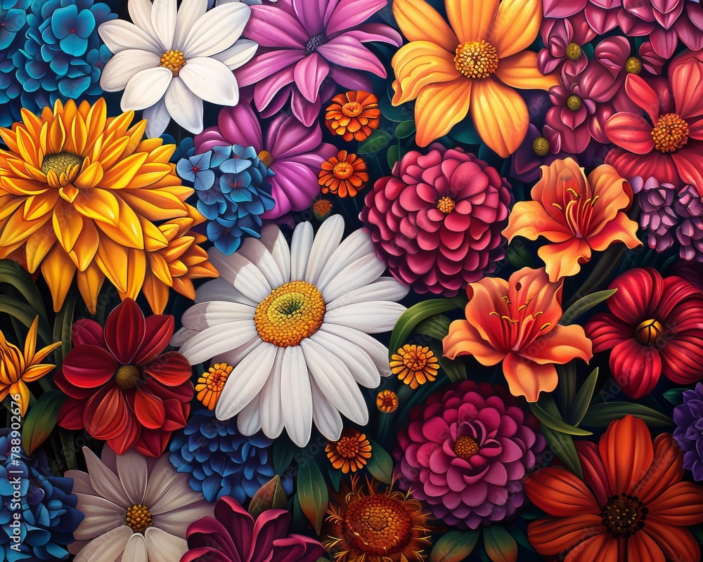 A variety of flowers painted in a realistic style with vibrant colors.