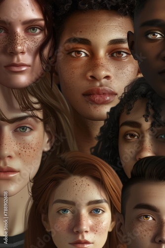 A group of people with different skin tones and eye colors. They all have freckles. © Tonton54