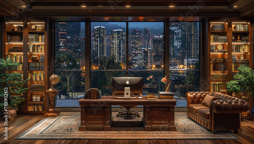  A luxurious home office with large windows overlooking the city skyline at night, featuring an ornate wooden desk and leather seating surrounded by bookshelves filled with books. Created with Ai