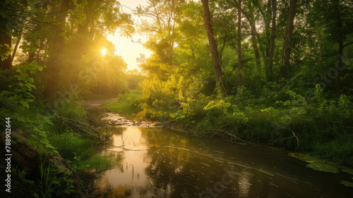 A tranquil scene of nature bathed in the golden light of the summer solstice