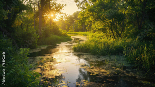 A tranquil scene of nature bathed in the golden light of the summer solstice
