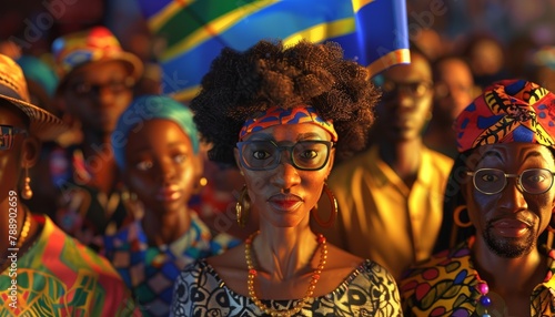 A photo of a Congolese woman wearing glasses and a colorful headband, with people in the background. photo