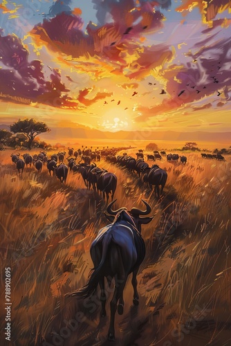 A wildebeest walking through the tall grass at sunset. photo