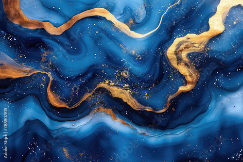 Abstract blue and gold swirls background, dark navy sky with swirling golden patterns in the style of deep ocean tones. Created with Ai